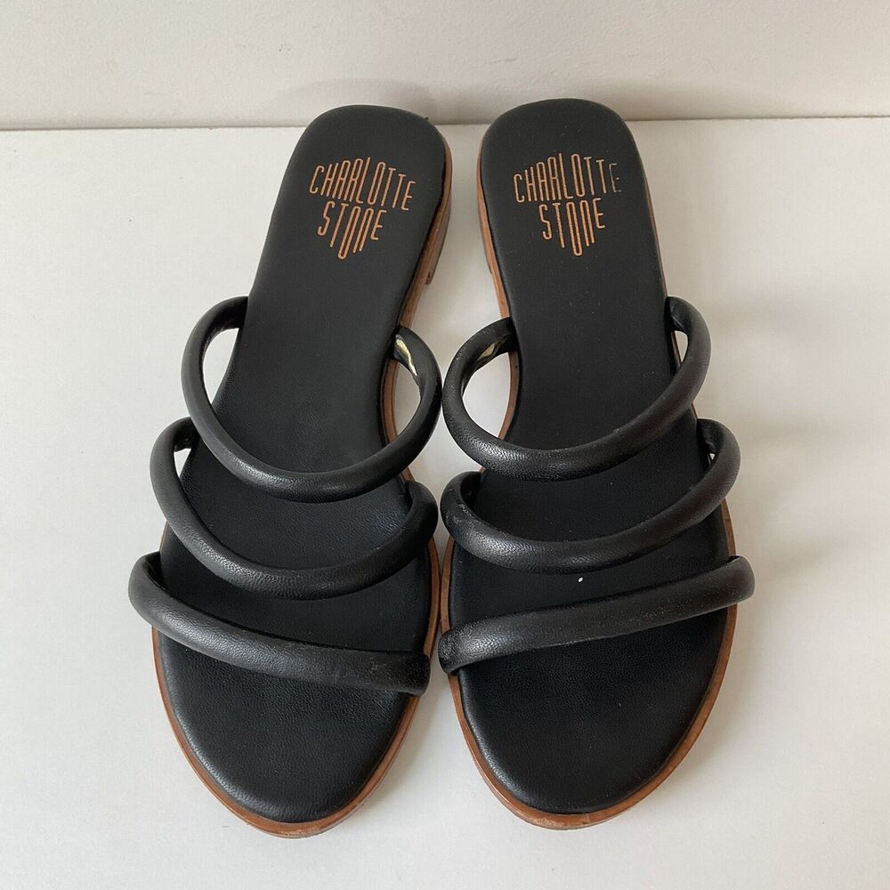 Charlotte Stone Bruna Black Neutral Slip On Strappy Leather Sandal Size 7